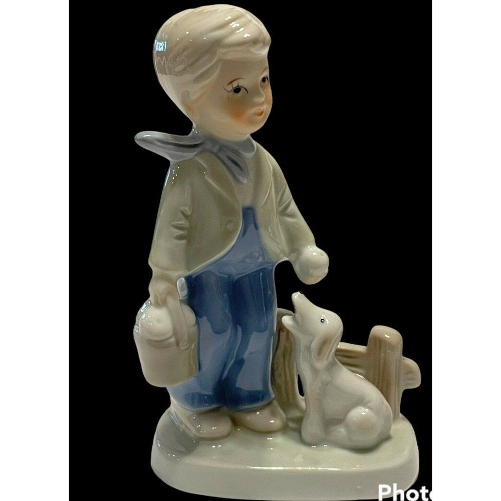 Vtg Korea Boy and Dog Figurine Porcelain Blue and White Apple Picking